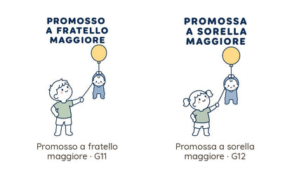 Le due grafiche della maglietta: «Promosso a fratello maggiore» e «Promossa a sorella maggiore»