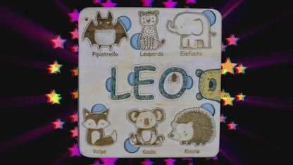 Puzzle personalizzato degli animali, con nome del bambino che fa parte del puzzle stesso.
