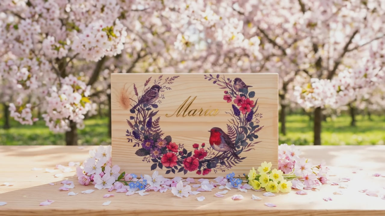 Video promozionale di una scatola dei ricordi dipinta a tema primaverile, personalizzata, su legno di pino naturale.