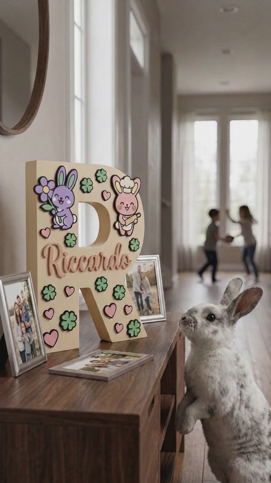 Video pubblicitario di monogramma decorato con stampe 3d a colori, a tema conoiglietti
