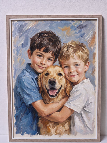 Ritratto in rilievo di due fratelli che abbracciano il loro cane, in cornice di legno chiaro