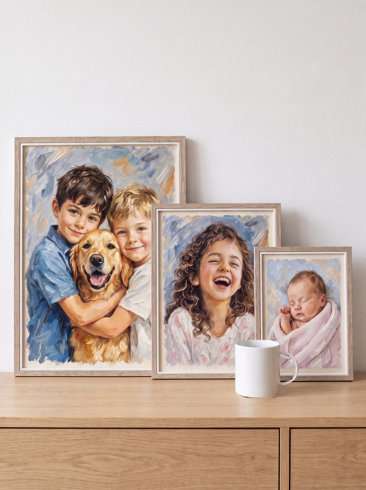 Il ritratto in rilievo nei tre formati, 13×18, 18×24 e 30×40 cm, accanto a una tazza bianca per confrontare le misure