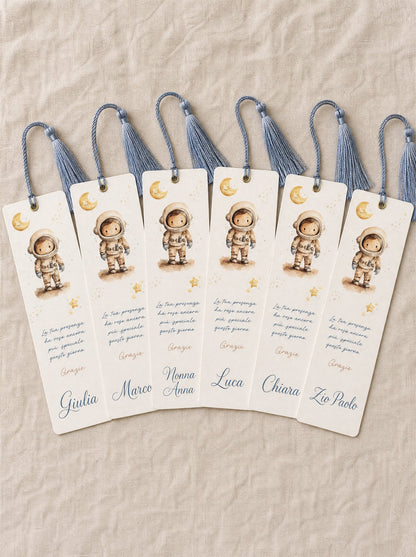 Sei segnalibri battesimo a ventaglio con i nomi Giulia, Marco, Nonna Anna, Luca, Chiara e Zio Paolo