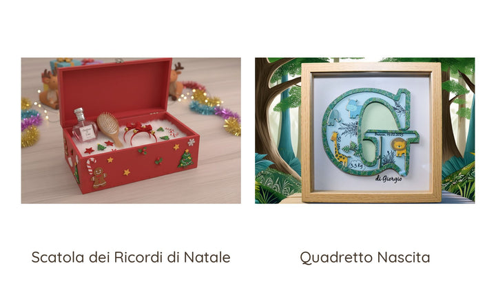 Scatola dei Ricordi di Natale rossa aperta con accessori e Quadretto Nascita a forma di lettera decorata, affiancati