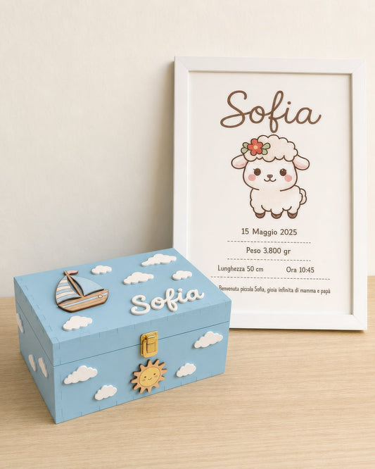 Set nascita personalizzato: scatola dei ricordi azzurra con barchetta e quadretto nascita con il nome Sofia in cornice bianca