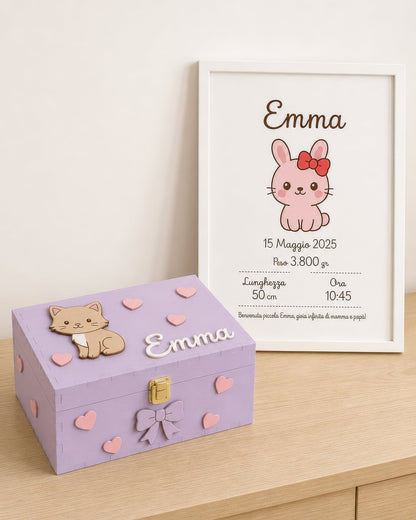 Set nascita tema gattino: scatola lilla con gatto e cuori e quadretto con coniglietto, nome Emma