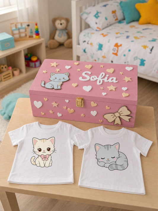 Scatola rosa con gattino e nome Sofia, due magliette con grafiche di gattini, allestite su un tavolino in cameretta