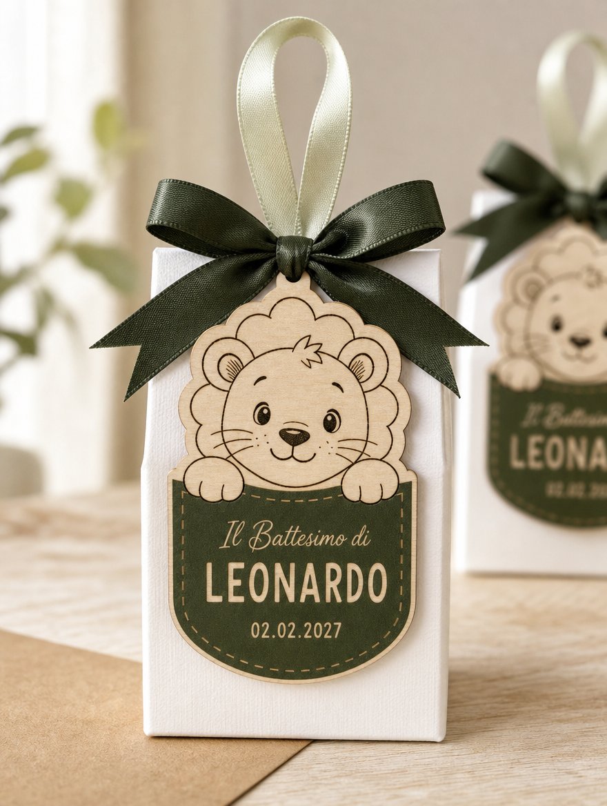 Scatolina battesimo con fiocco verde, tag a forma di leone davanti e una seconda scatolina sfocata dietro.