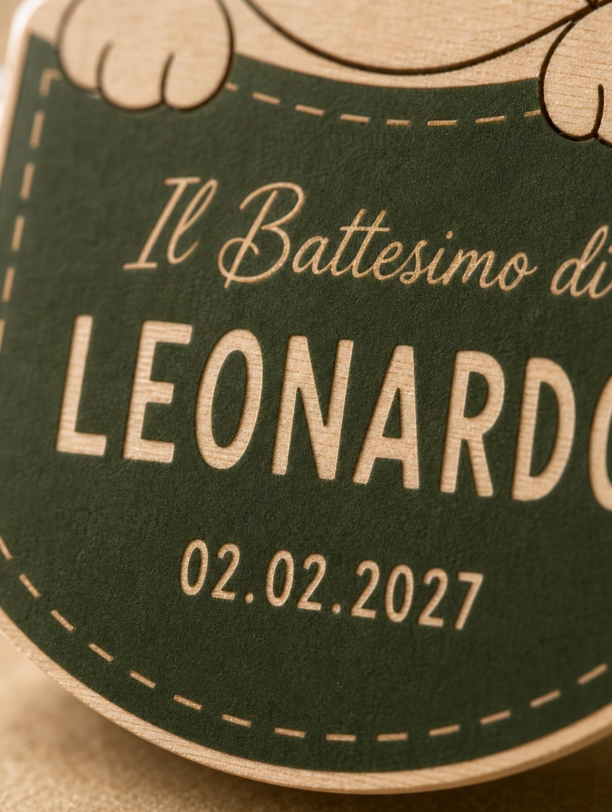 Primo piano del tag: la venatura del legno visibile dentro le lettere del nome sul campo verde ulivo.