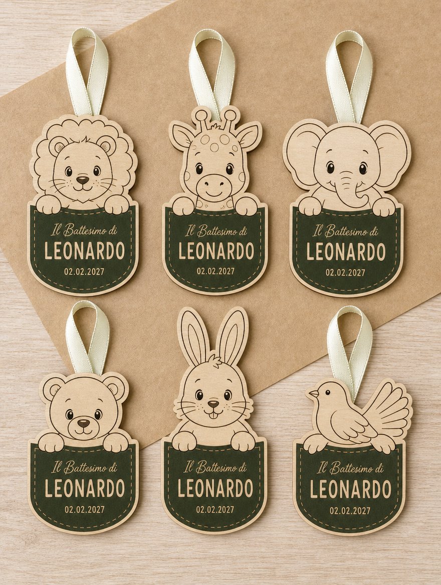 I sei animaletti del tag battesimo su carta kraft: leone, giraffa, elefante, orsetto, coniglietto, colomba.